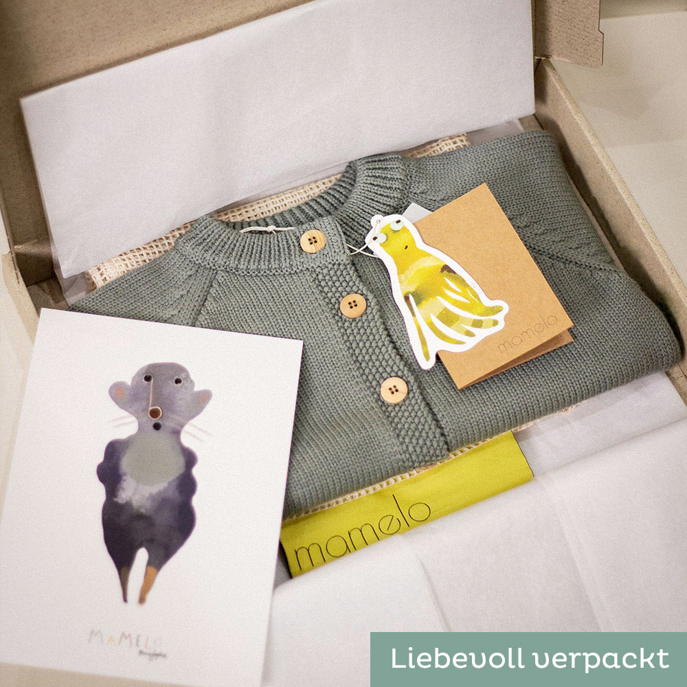 Nachhaltige und liebevoll verpackte Baby- und Kinderkleidung von mamelo mit persönlicher Grußkarte.